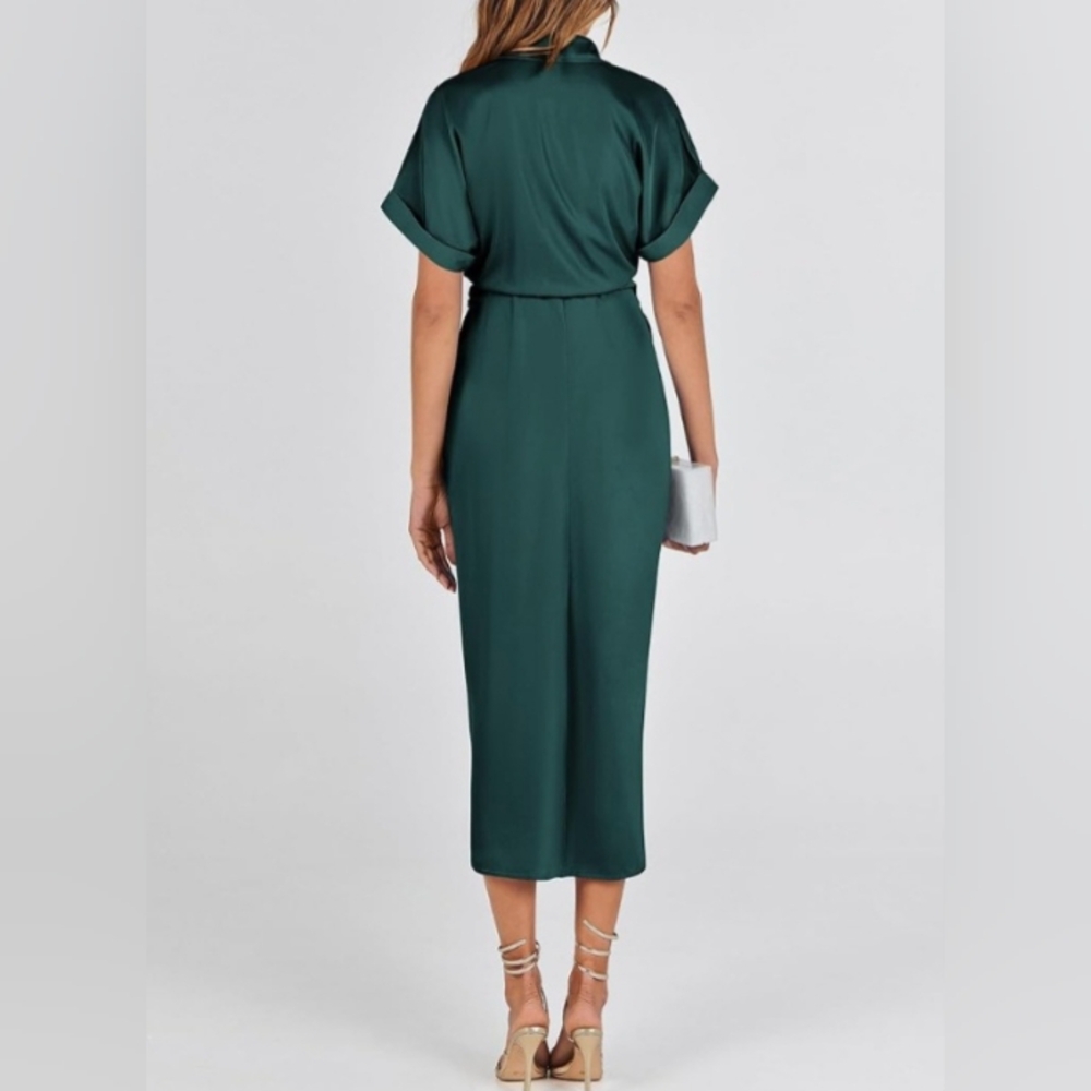 Elegant Green Stretch Satin Midi Shirt. Dress - Picture 2 of 6